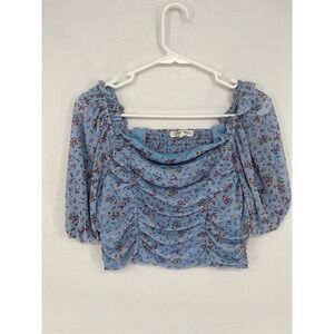 Rewind Blue Floral Mesh Ruched Crop Top Puff Sleeve Smocked Blouse XL